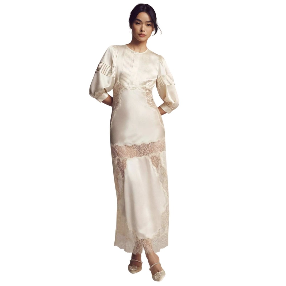 Cynthia‎ Rowley Lace Trimmed Silk Charmeuse Maxi Dress Womens 10